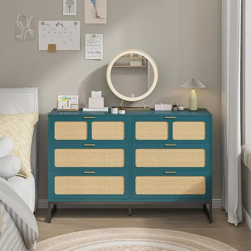 Belmont Collection | Tapered-Leg Brass-Accented Walnut Six-Drawer Dresser - exhibiting shadow play and geometric silhouette detail in a Mid-Century Modern bedroom setting.
