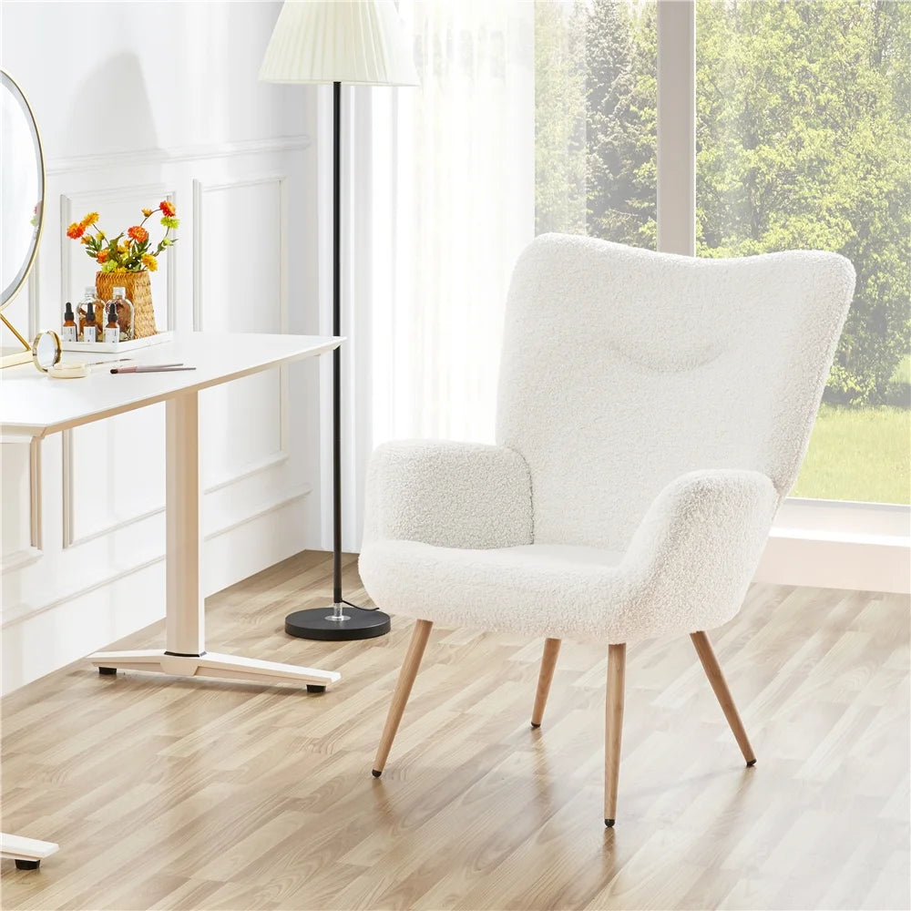 Mid-Century Modern Wingback Accent Chair, White Boucle