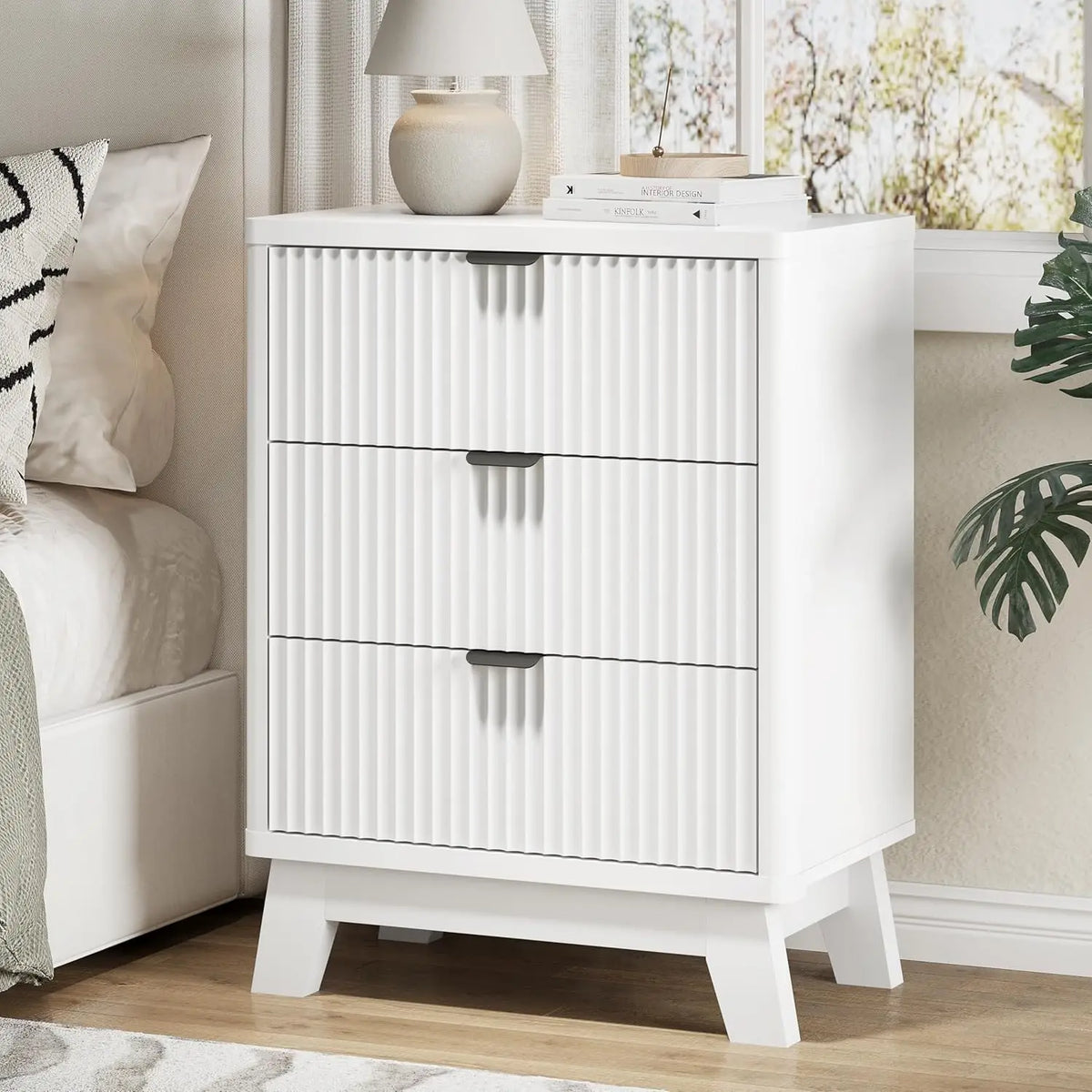 Astoria Collection | Fluted Brass-Accented Fluted Walnut Nightstand - featuring close-up joinery and artisanal finish quality in a Mid-Century Modern bedroom setting.