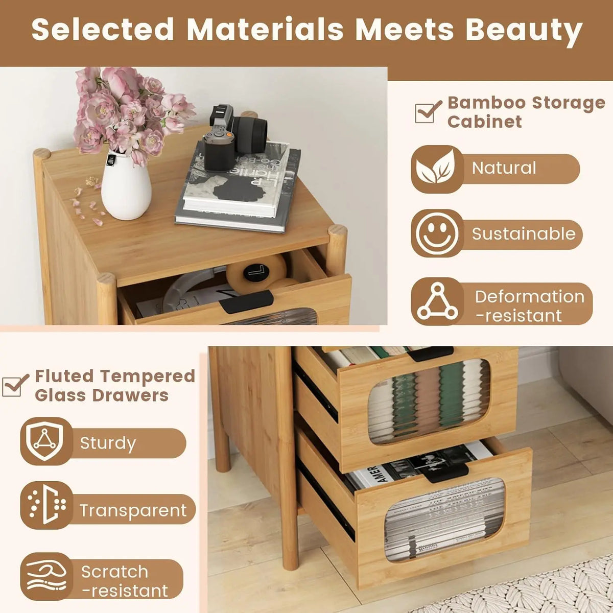 Astoria Collection | Fluted Atomic-Era Fluted Walnut Storage Chest - captured in a curated lifestyle vignette in a Mid-Century Modern living room setting.
