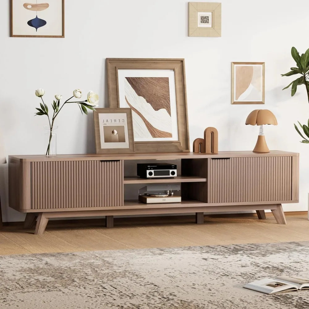 Fontaine Collection | Grand Fluted Walnut Console - captured in a curated lifestyle vignette in a Mid-Century Modern entryway setting.