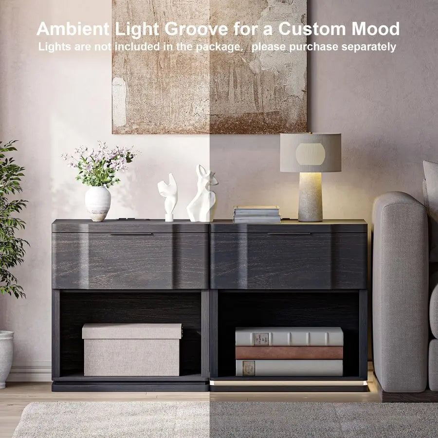 Ellington Collection | Tapered-Leg Brass-Accented Curved Walnut Nightstand - styled from an alternate angle revealing dimensional depth in a Mid-Century Modern bedroom setting.