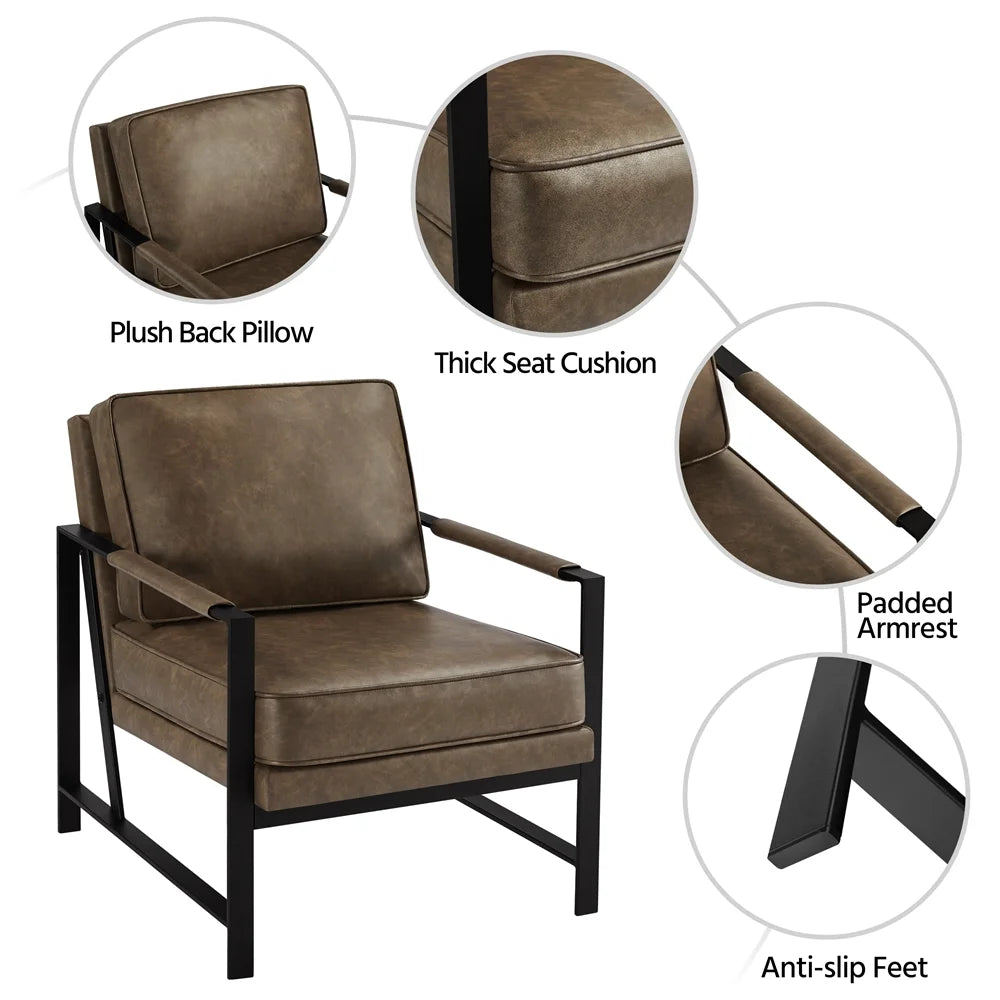 Mid-Century Modern Accent Chair with Metal Frame, Brown Faux Leather