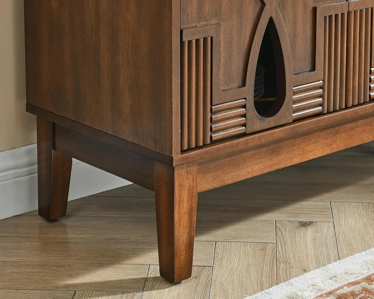 Astoria Collection | Minimalist Brass-Accented Walnut Sideboard - framed in an editorial still-life composition in a Mid-Century Modern living room setting.