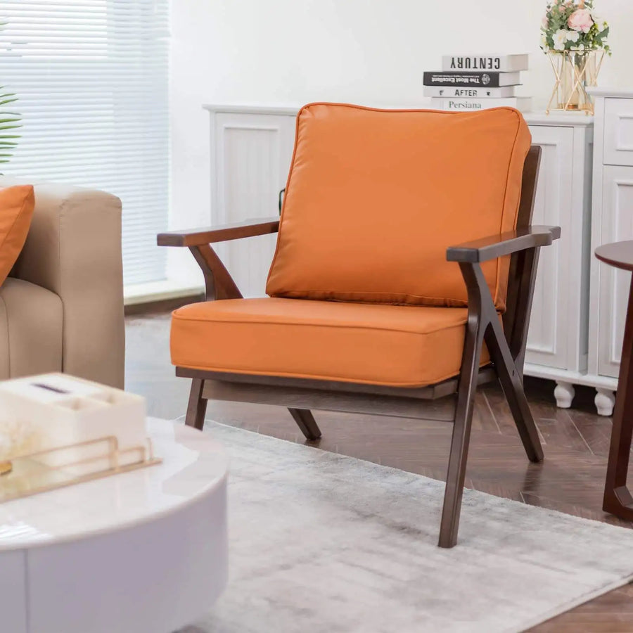 Dresden Collection | Tapered-Leg Leather-Wrapped Cognac Leather Accent Chair - showcasing full sculptural form and curated finish in a Mid-Century Modern living room setting.