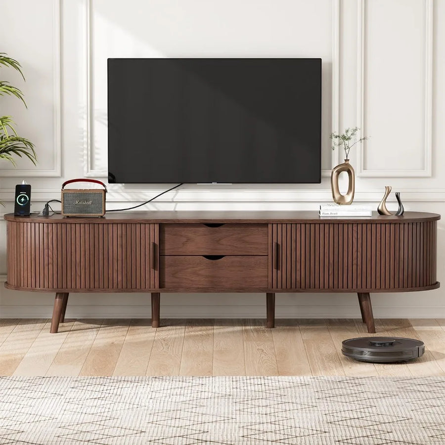 Ellington Collection | Floating Curved Curved Walnut Console - showcasing full sculptural form and curated finish in a Mid-Century Modern entryway setting.