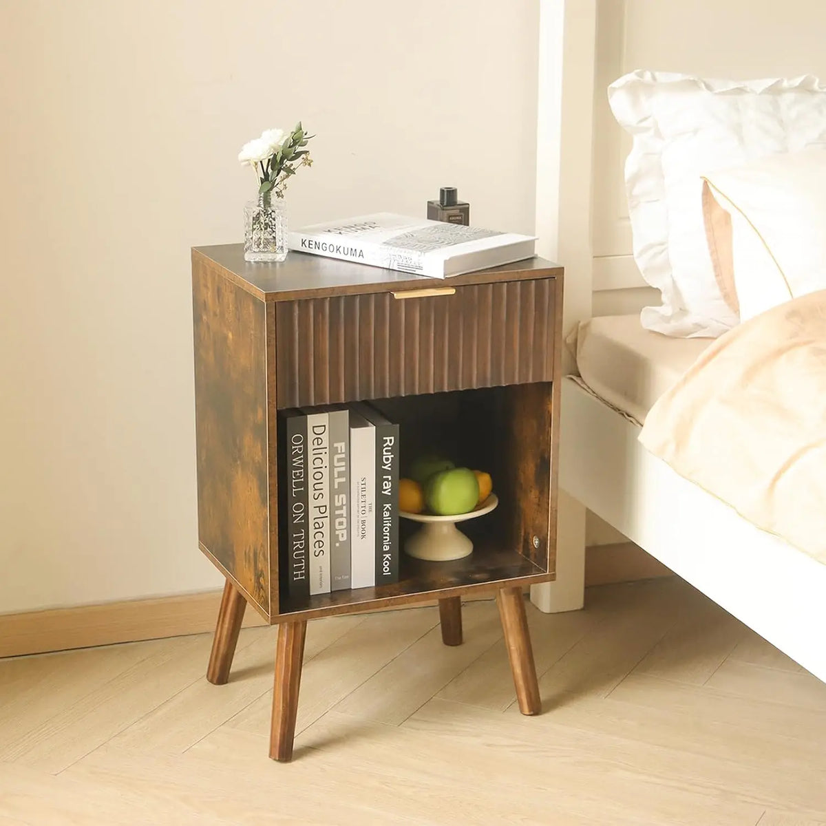 Dresden Collection | Nordic Fluted Walnut Nightstand - styled from an alternate angle revealing dimensional depth in a Mid-Century Modern bedroom setting.