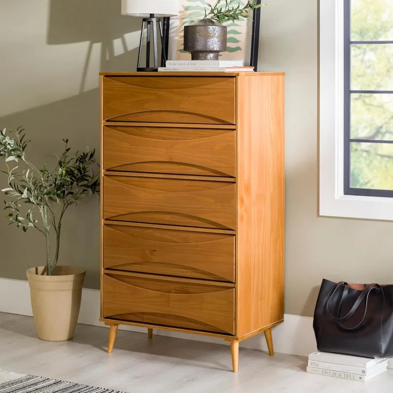 Dresden Collection | Geometric Brass-Accented Caramel-Finished Solid Wood Dresser - styled from an alternate angle revealing dimensional depth in a Mid-Century Modern bedroom setting.