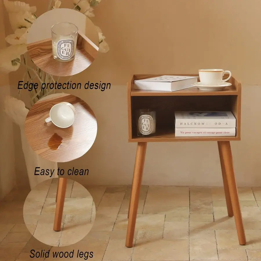 Fontaine Collection | Tapered-Leg Brass-Accented Walnut Nightstand - styled from an alternate angle revealing dimensional depth in a Mid-Century Modern bedroom setting.