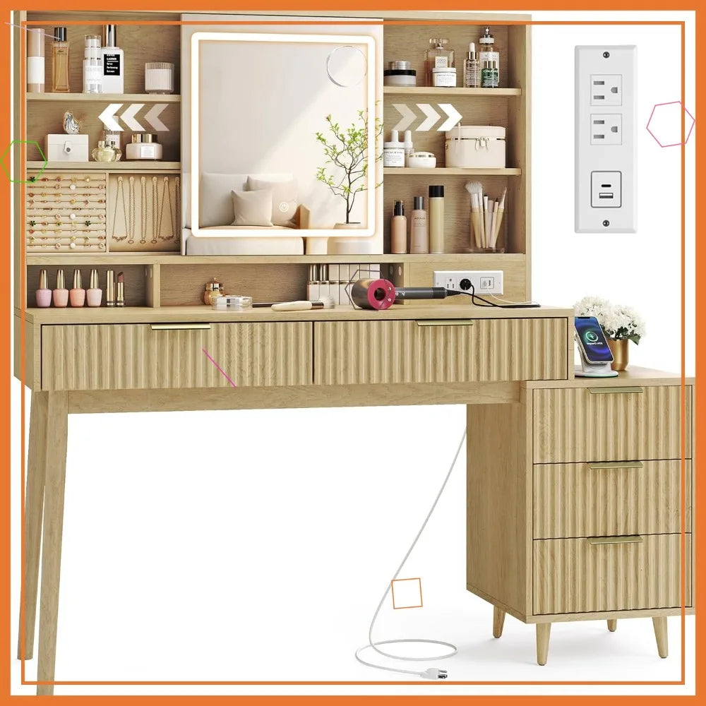 Elegant Mid-Century Modern Vanity Desk with Sliding Mirror & Integrated Lighting