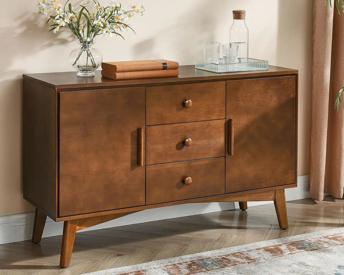 Astoria Collection | Minimalist Brass-Accented Walnut Sideboard - presented at scale within a designed interior in a Mid-Century Modern living room setting.