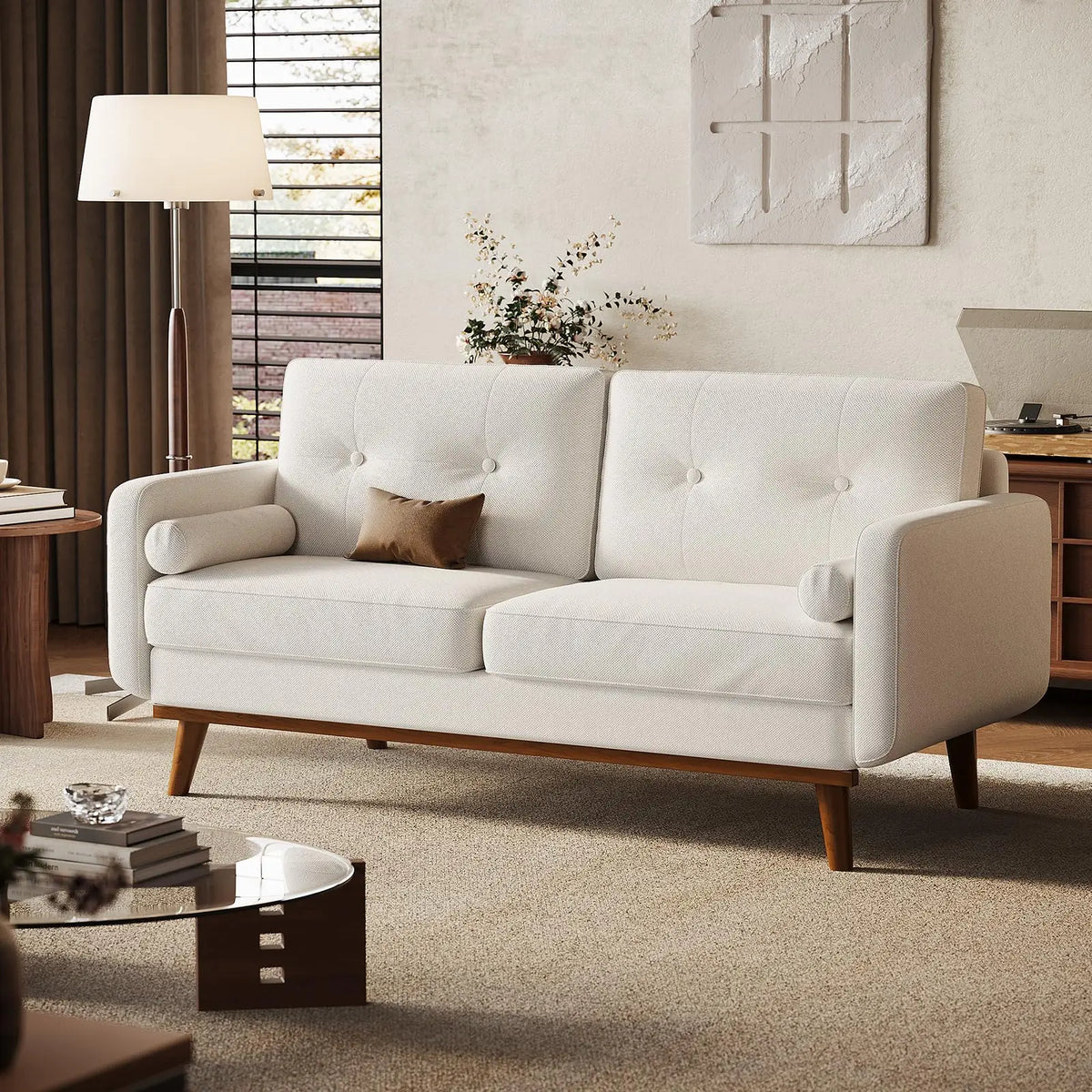 Ellington Collection | Leather-Wrapped Walnut Loveseat - featuring close-up joinery and artisanal finish quality in a Mid-Century Modern living room setting.