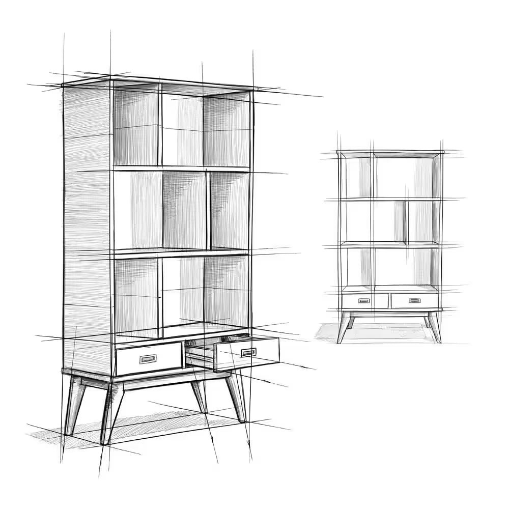Draper Solid Hardwood 64 In. X 35 In. Mid-Century Modern Wide Bookcase and Storage Unit in Teak Brown