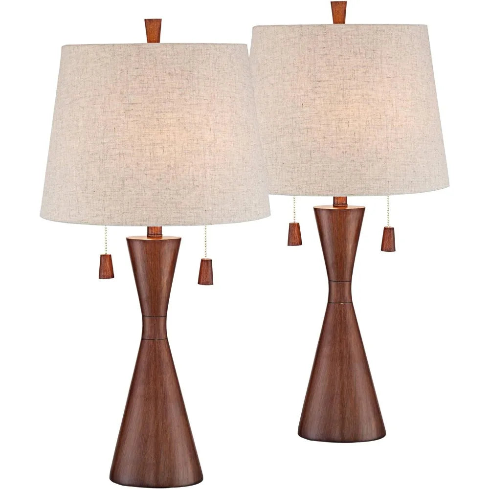 Astoria Collection | Tapered-Leg Brass-Accented Brushed Brass Table Lamp Set - highlighting material texture and craftsmanship detail in a Mid-Century Modern living room setting.