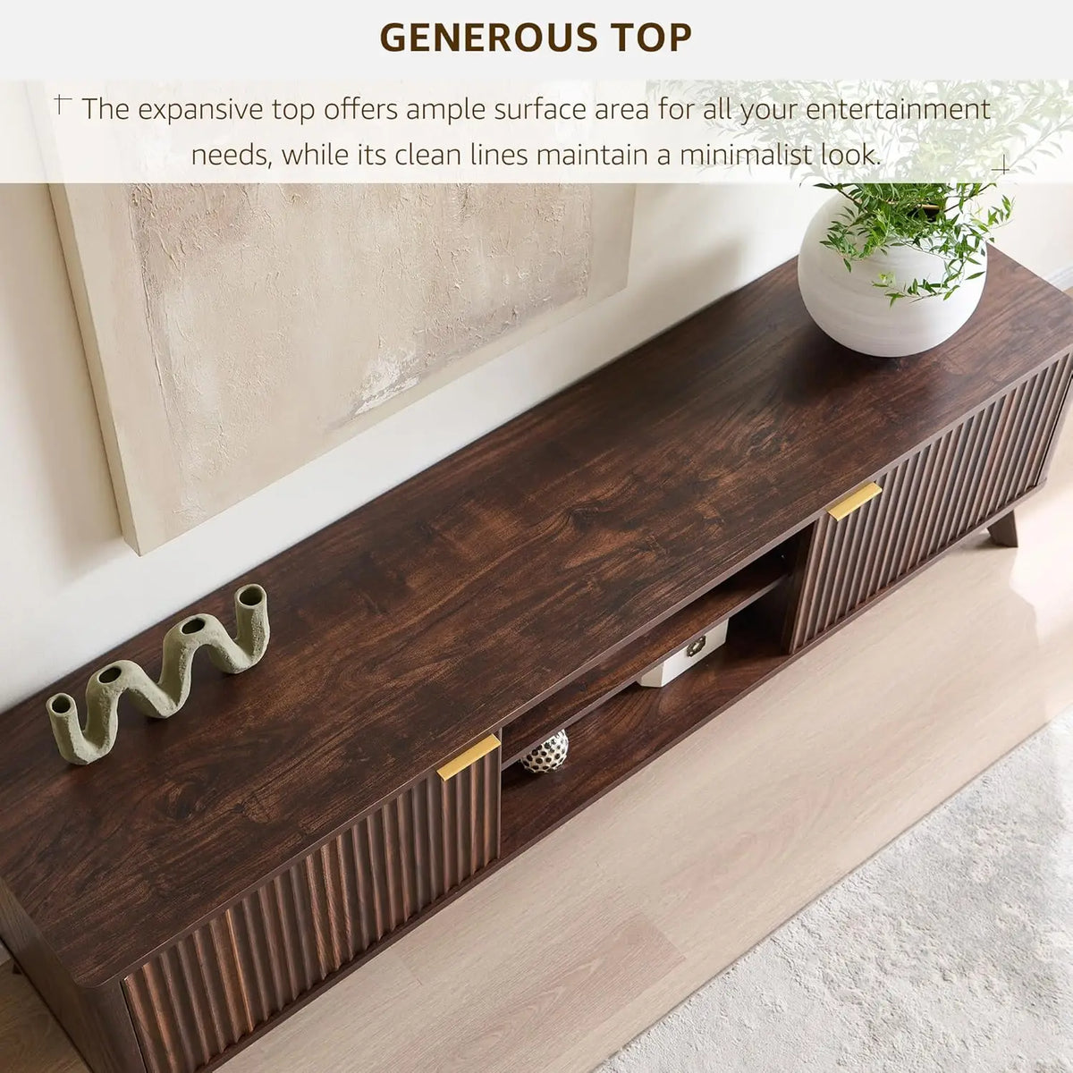 Dresden Collection | Fluted Atomic-Era Fluted Walnut Console - featuring close-up joinery and artisanal finish quality in a Mid-Century Modern entryway setting.