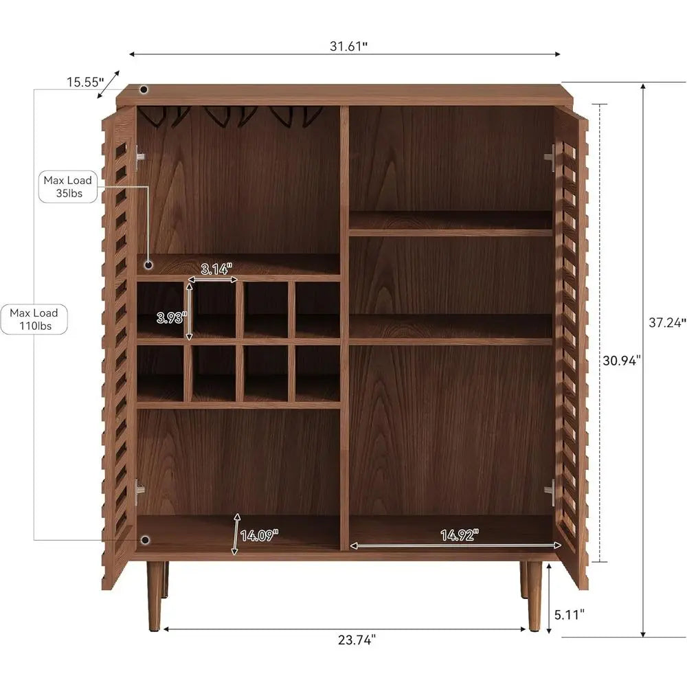 Dresden Collection | Slatted Glass-Topped Walnut Bar Cabinet - styled from an alternate angle revealing dimensional depth in a Mid-Century Modern dining room setting.