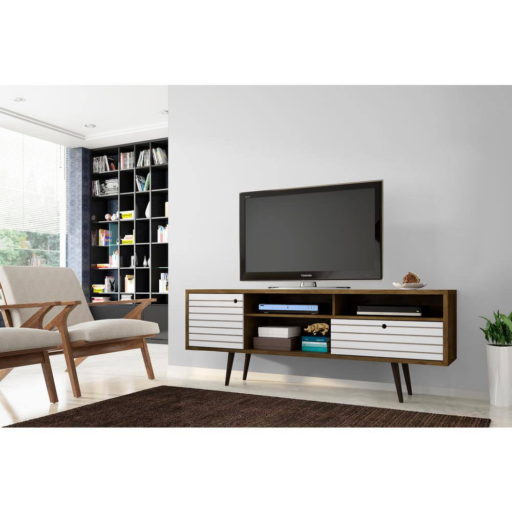 Liberty 70.86 In. Rustic Brown and White TV Stand Fits Tvs up to 65 In. with Storage Doors and Cable Management