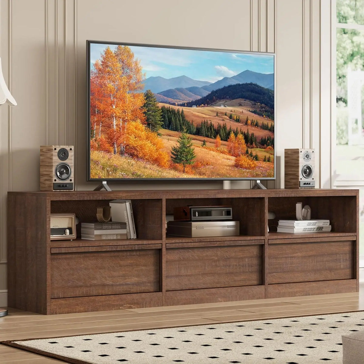 Dresden Collection | Tapered-Leg Brass-Accented Walnut Media Console - styled from an alternate angle revealing dimensional depth in a Mid-Century Modern entryway setting.
