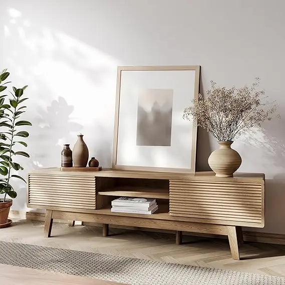 Dresden Collection | Fluted Desert-Modern Fluted Oak Media Console - framed in an editorial still-life composition in a Mid-Century Modern entryway setting.