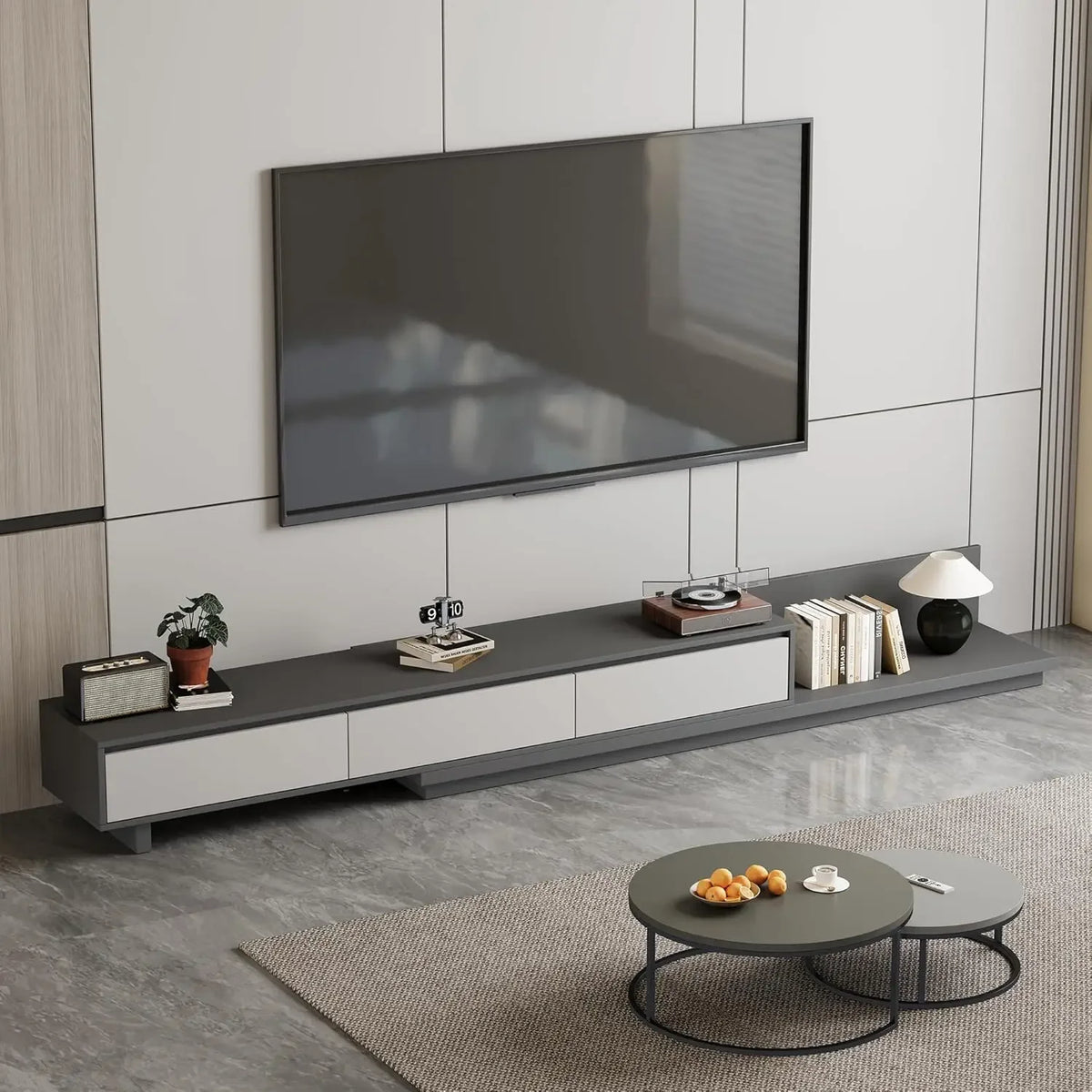 Fontaine Collection | Grand Brass-Accented Walnut Media Console - framed in an editorial still-life composition in a Mid-Century Modern entryway setting.