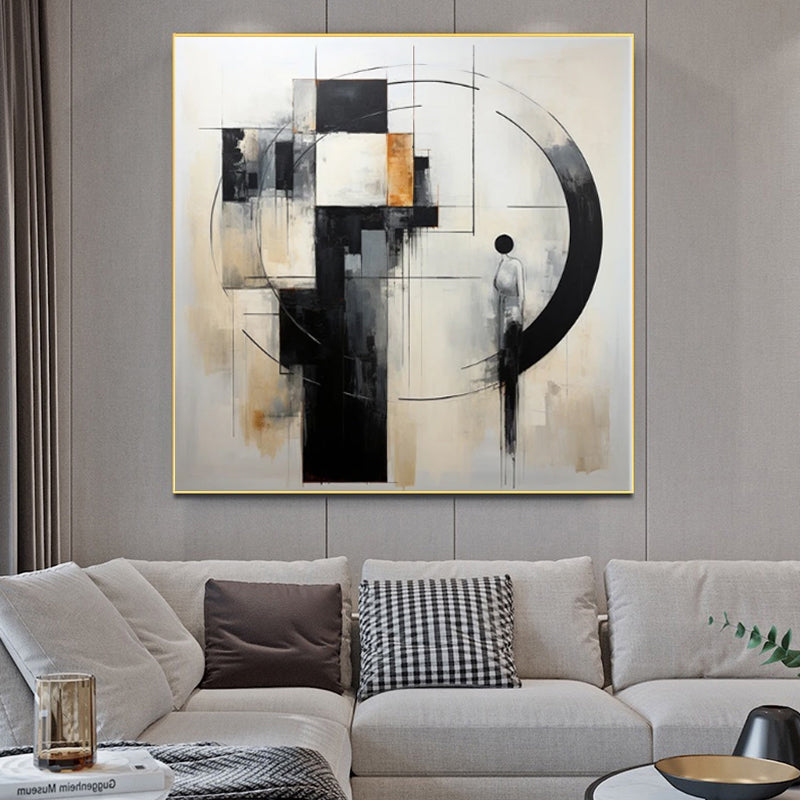Mid-Century Modern Black-and-White Abstract Oil Painting Canvas Art