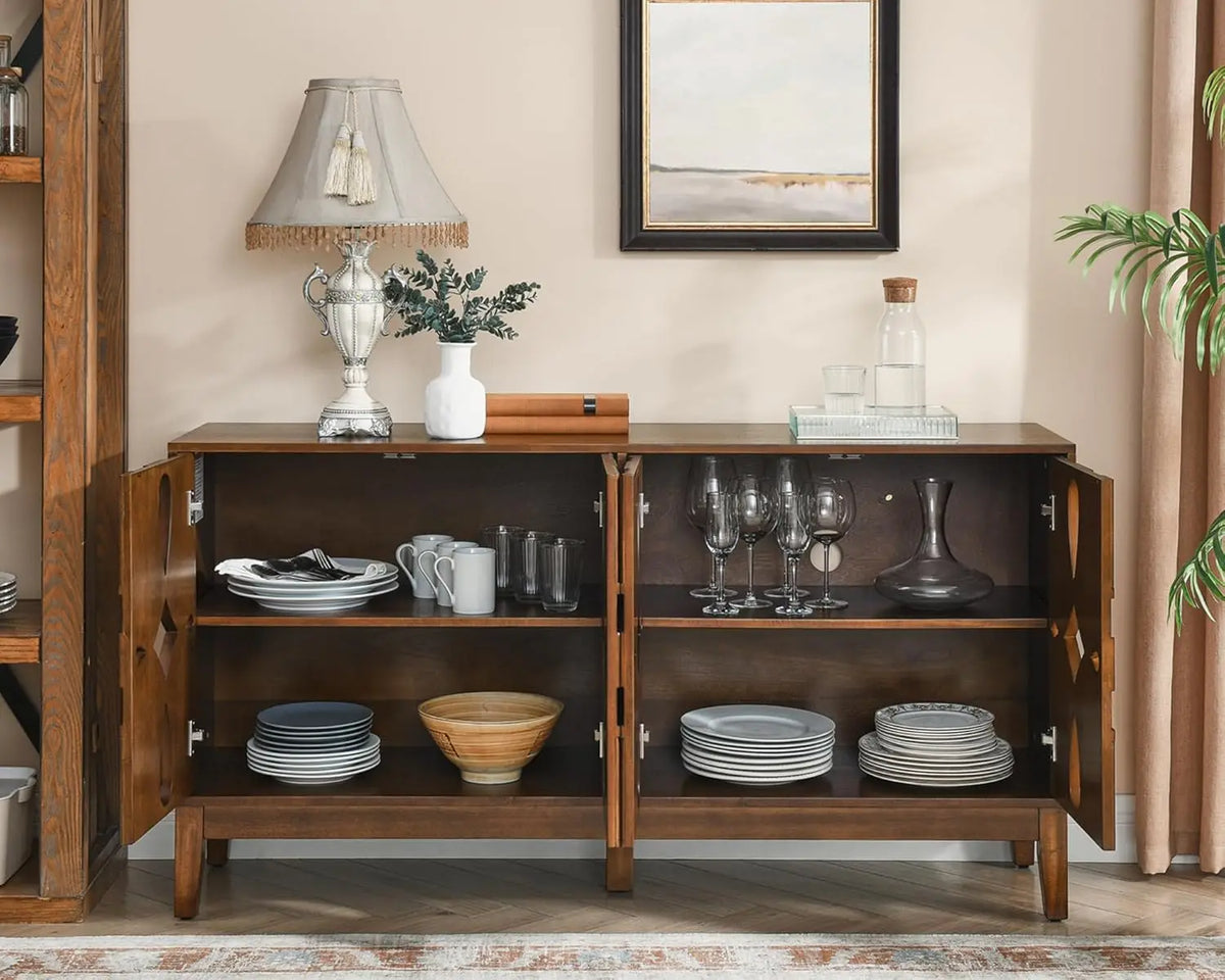 Astoria Collection | Minimalist Brass-Accented Walnut Sideboard - featuring close-up joinery and artisanal finish quality in a Mid-Century Modern living room setting.