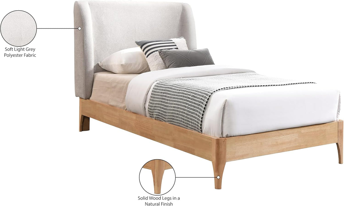 Meridian Furniture Venturagrey-T Ventura Collection Mid-Century Modern Upholstered Twin Bed, Soft Grey Fabric, Finished Rubberwood Legs, Slats, 44" W X 77.5" D X 44.5" H, Grey, Twin