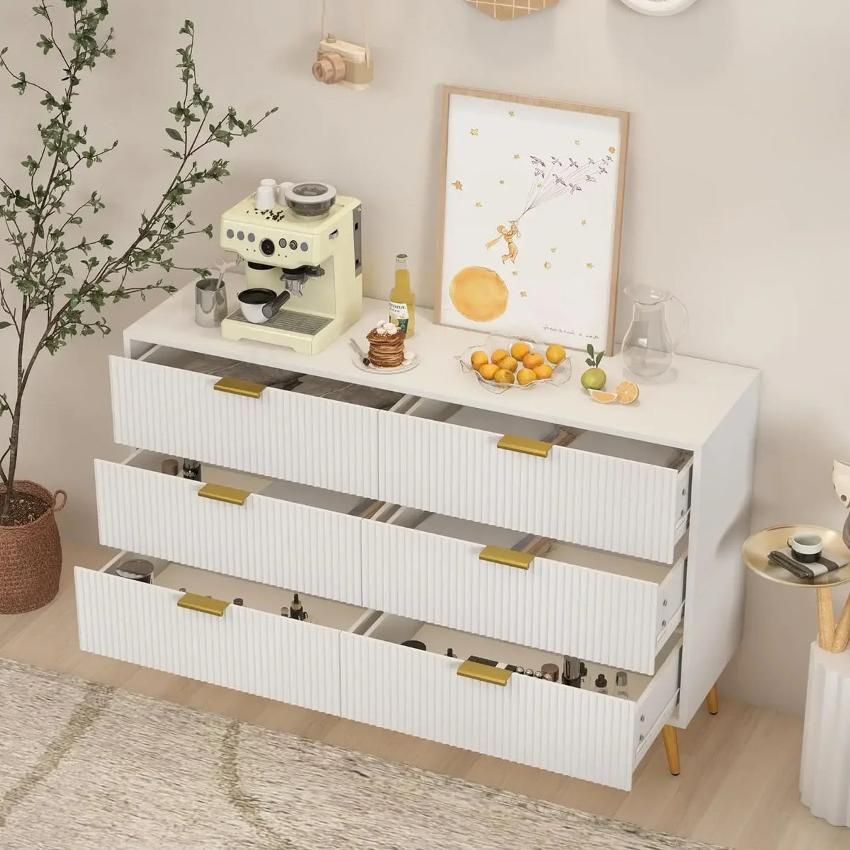 Belmont Collection | Tapered-Leg Brass-Accented Walnut Six-Drawer Dresser - captured in a curated lifestyle vignette in a Mid-Century Modern bedroom setting.