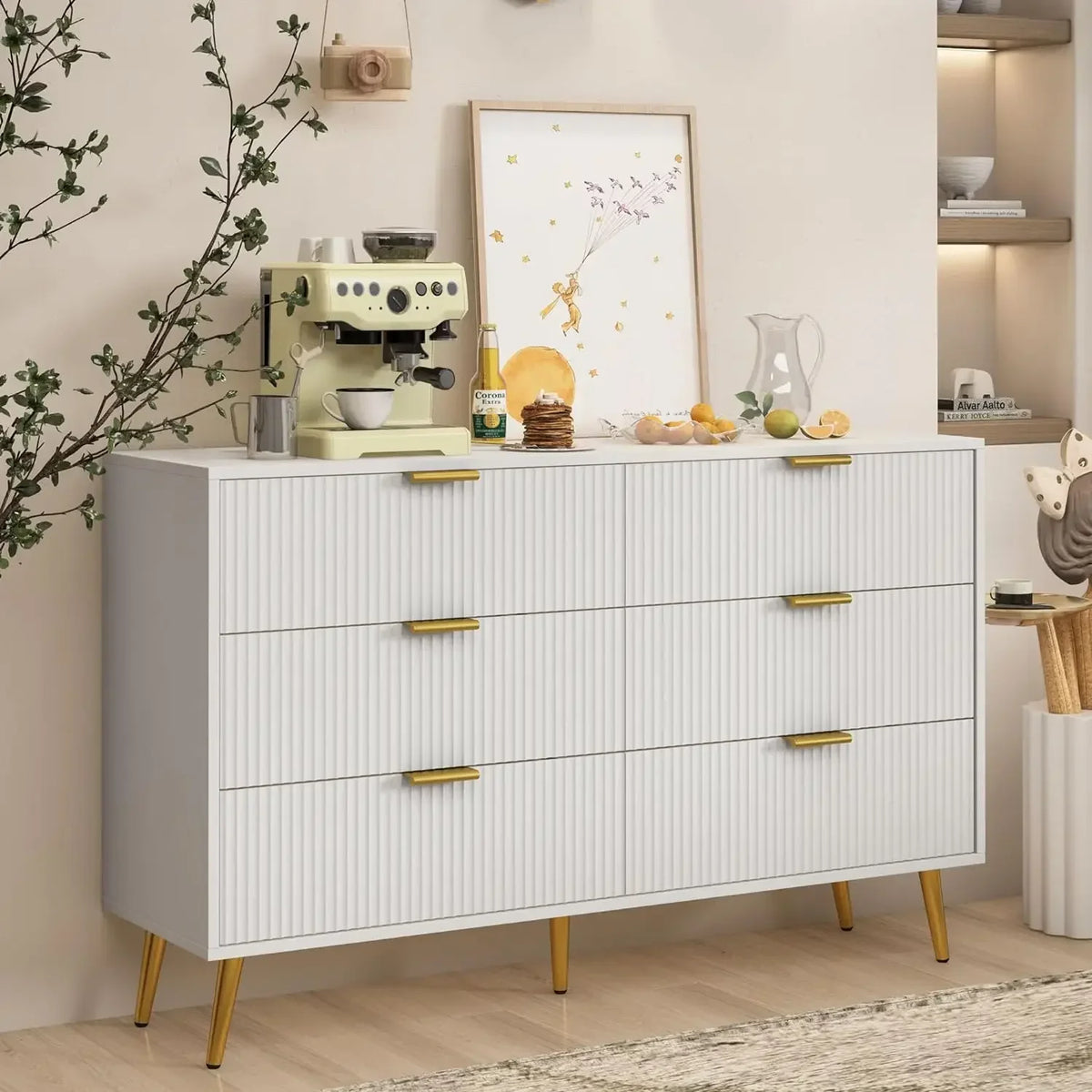 Belmont Collection | Tapered-Leg Brass-Accented Walnut Six-Drawer Dresser - revealing tonal warmth and surface patina under ambient light in a Mid-Century Modern bedroom setting.