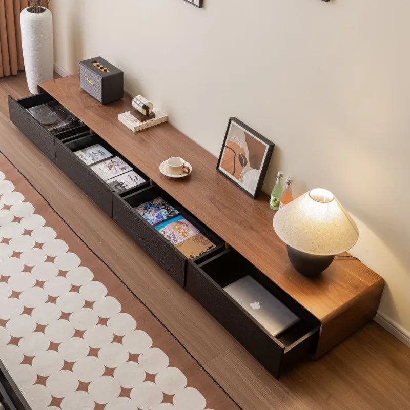 Cordoba Collection | Minimalist Walnut Media Console with Hearth - revealing tonal warmth and surface patina under ambient light in a Mid-Century Modern entryway setting.
