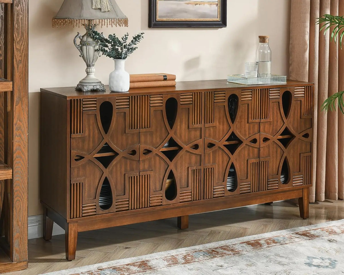 Astoria Collection | Minimalist Brass-Accented Walnut Sideboard - demonstrating proportional harmony within the collection in a Mid-Century Modern living room setting.