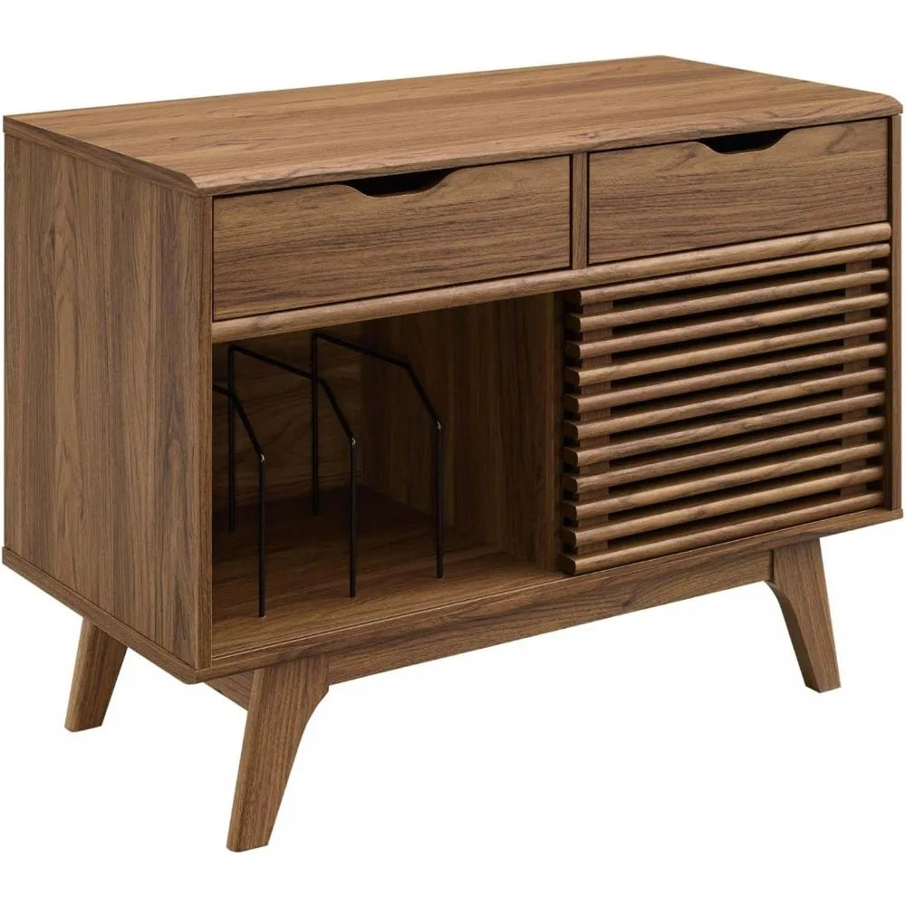 Dresden Collection | Compact Tapered-Leg Walnut Record Console - presented at scale within a designed interior in a Mid-Century Modern entryway setting.