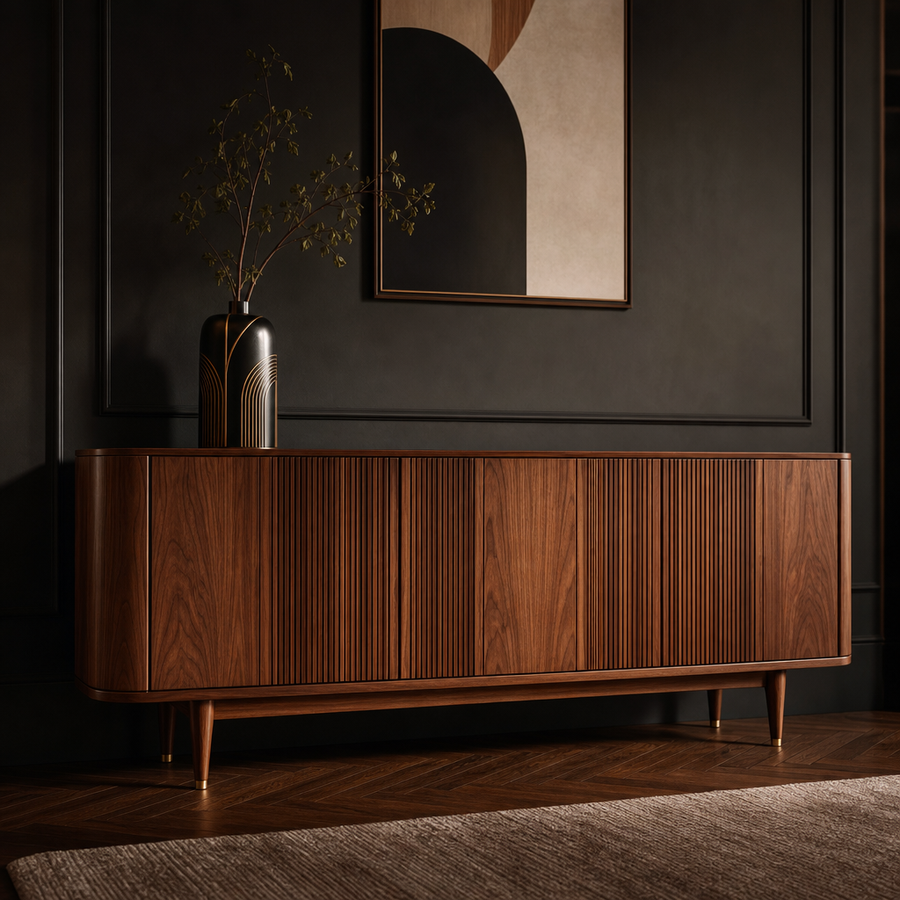 Ellington Collection | Fluted Atomic-Era Fluted Walnut Sideboard - showcasing full sculptural form and material finish in a Mid-Century Modern living room setting.