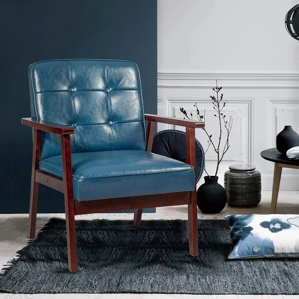 Belmont Collection | Sculptural Leather-Wrapped Cognac Leather Accent Chair - detail view 19 revealing design nuance in a Mid-Century Modern living room setting.
