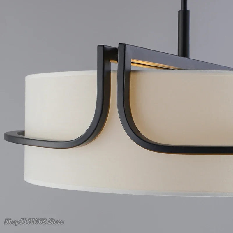 Dresden Collection | Geometric Round Fabric Chandelier - presented at scale within a designed interior in a Mid-Century Modern living room setting.