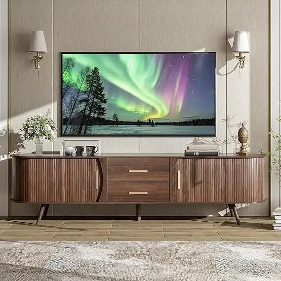 Dresden Collection | Fluted Drawer Walnut Console - framed in an editorial still-life composition in a Mid-Century Modern entryway setting.
