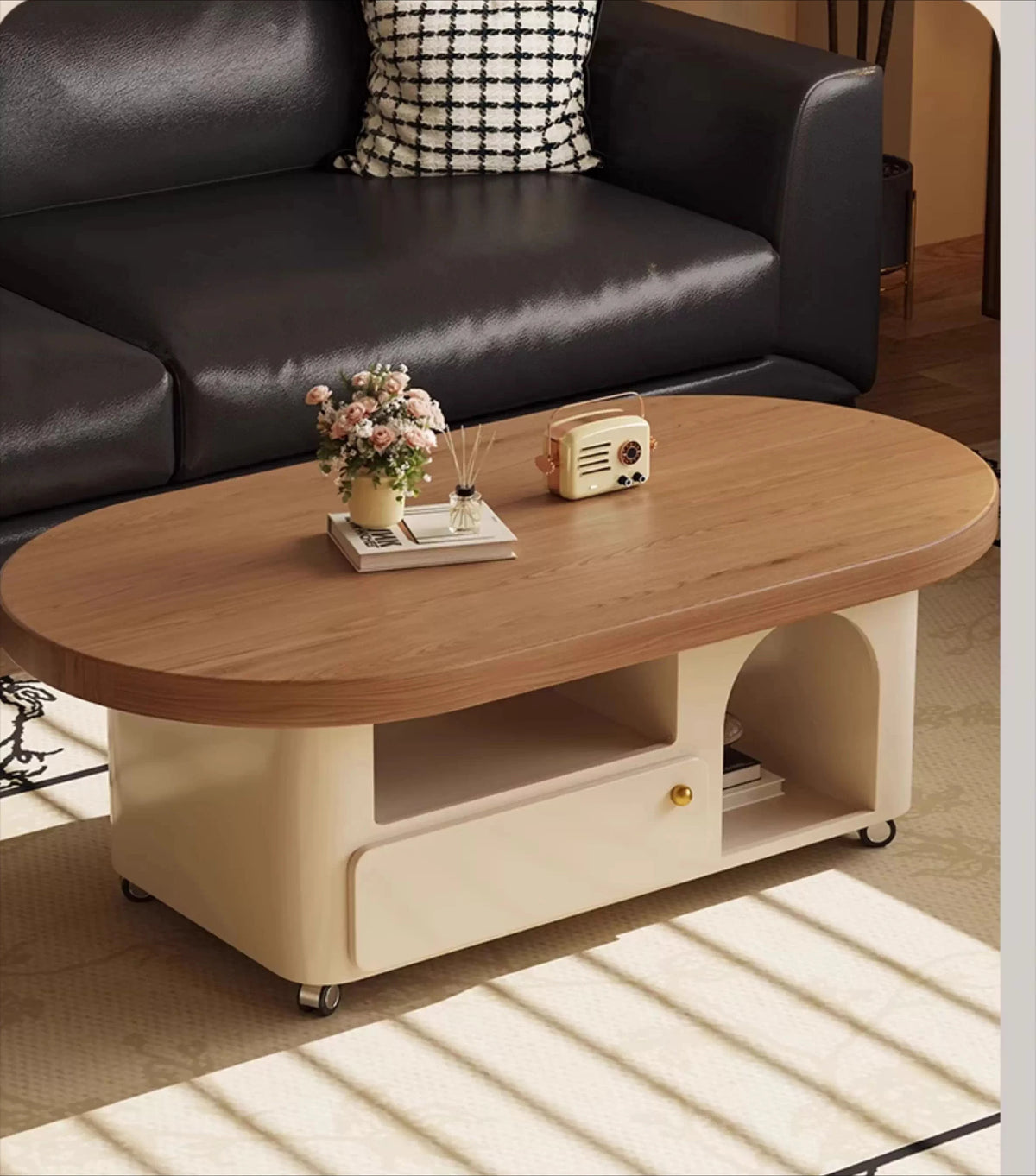 Ellington Collection | Tapered-Leg Oval Solid Walnut Coffee Table - featuring close-up joinery and artisanal finish quality in a Mid-Century Modern living room setting.