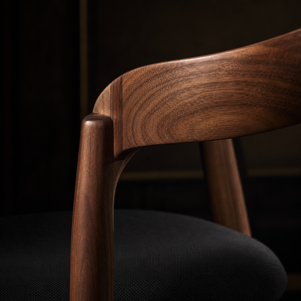 Astoria Collection | Tapered-Leg Leather-Wrapped Walnut & Cognac Leather - highlighting material texture and craftsmanship detail in a Mid-Century Modern living room setting.
