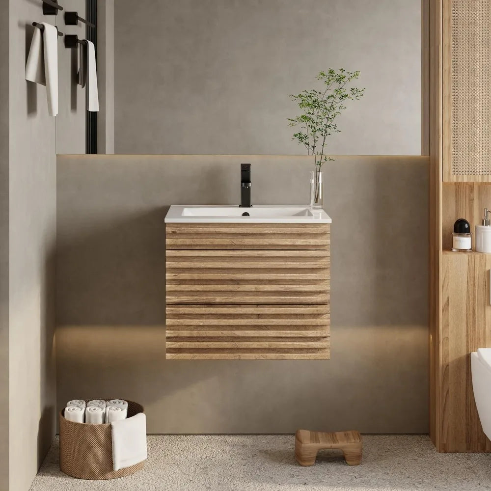 Dresden Collection | Floating California Floating Walnut Vanity - showcasing full sculptural form and curated finish in a Mid-Century Modern bathroom setting.