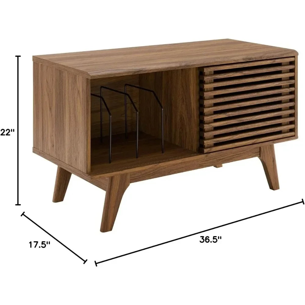 Dresden Collection | Sculptural Atomic-Era Walnut Record Stand - featuring close-up joinery and artisanal finish quality in a Mid-Century Modern living room setting.