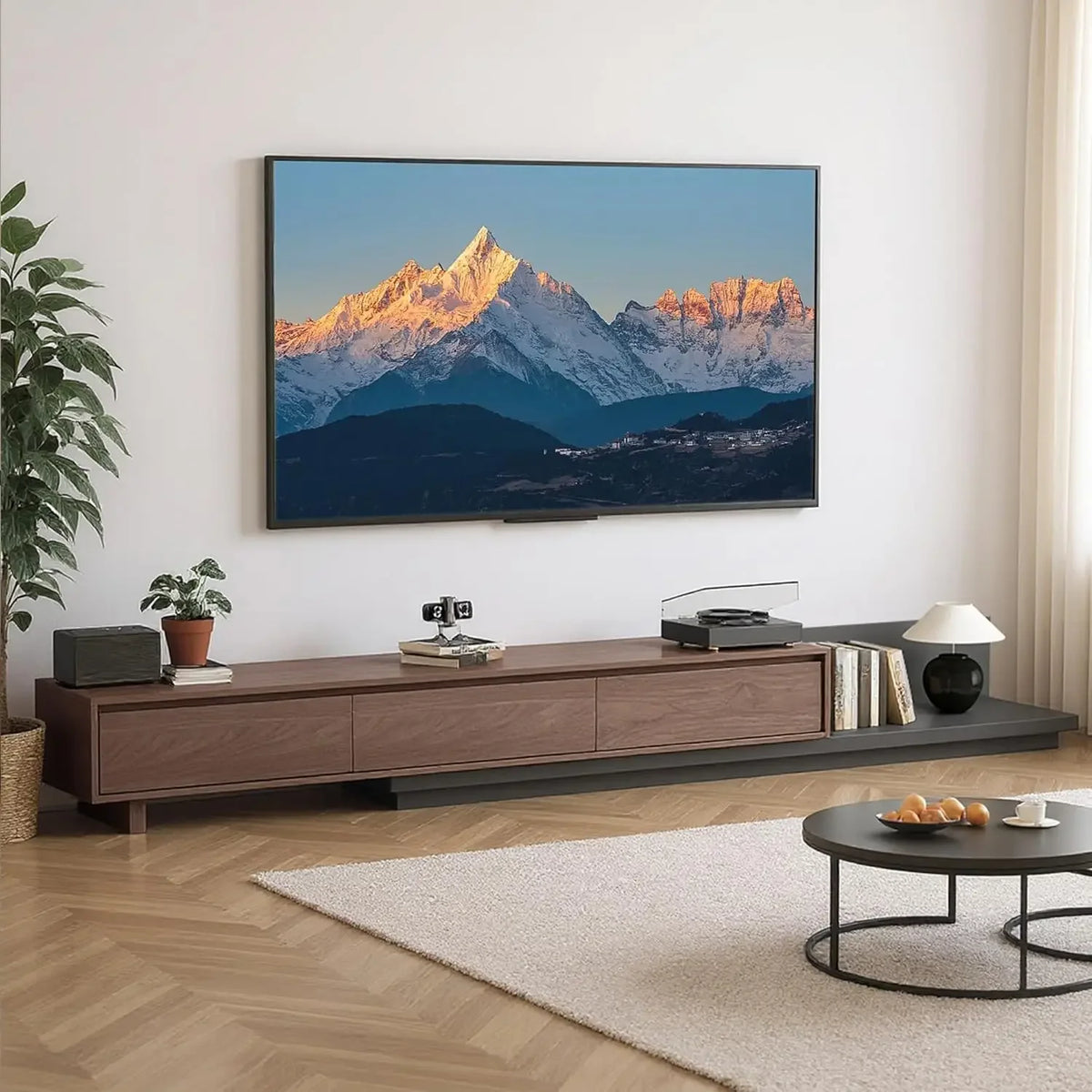 Fontaine Collection | Grand Brass-Accented Walnut Media Console - presented at scale within a designed interior in a Mid-Century Modern entryway setting.