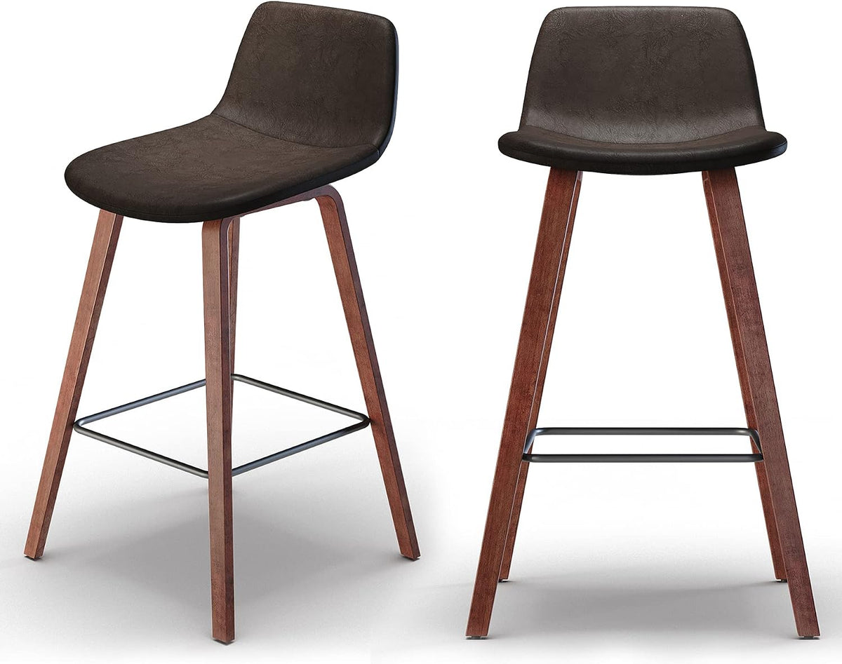SIMPLIHOME Raya 24" Seat Height Vegan Leather Counter Stool (Set of 2) | Aqua Blue, Mid-Century Counter Stools with Curved Backrest and Footrest; Upholstered Kitchen or Bar Seating.
