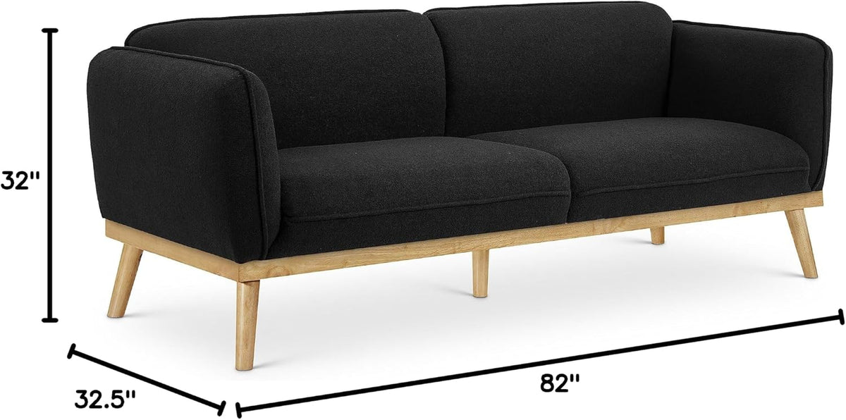 Meridian Furniture 159Black-S Nolita Collection Mid-Century Modern Boucle Fabric Upholstered Sofa with Rich Black Boucle Fabric, Natural Finish Solid Wood Base, 82" W X 32.5" D X 32" H, Black