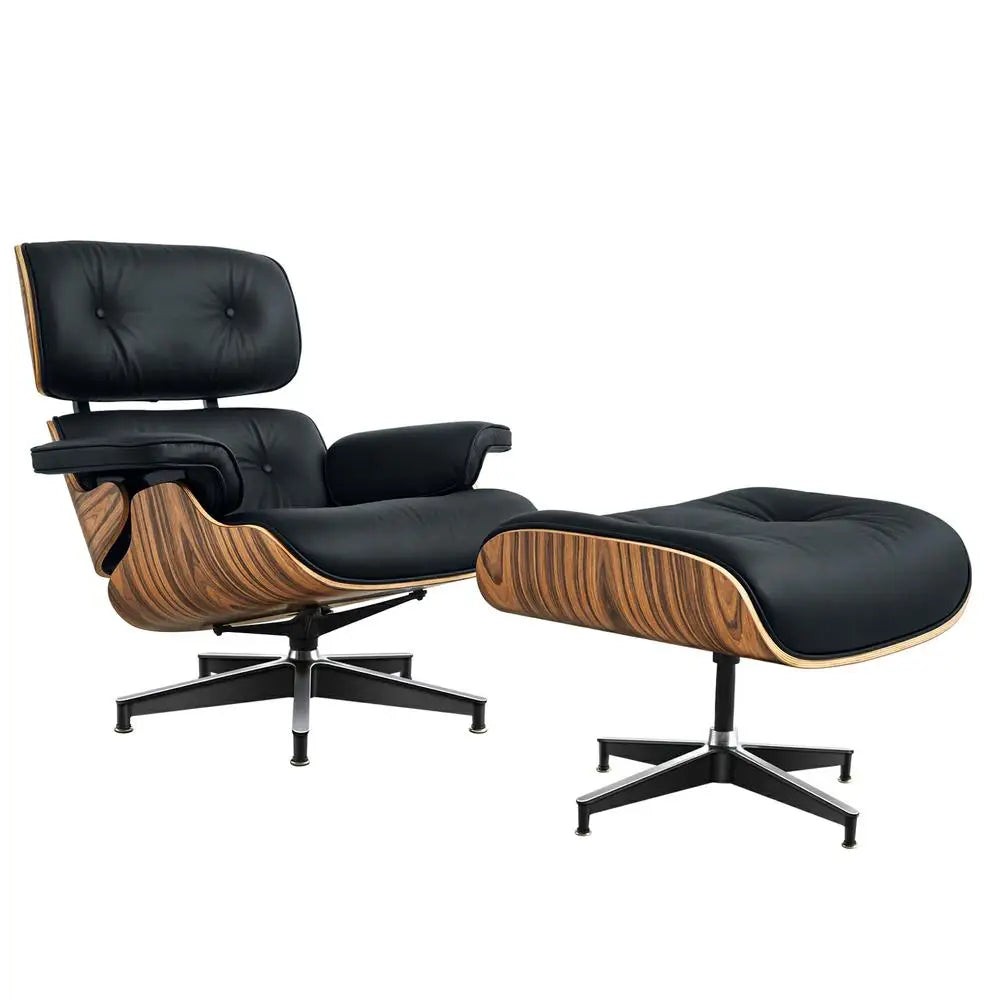 Dresden Collection | Sculptural Leather-Wrapped Cognac Leather Lounge Set - demonstrating proportional harmony within the collection in a Mid-Century Modern living room setting.