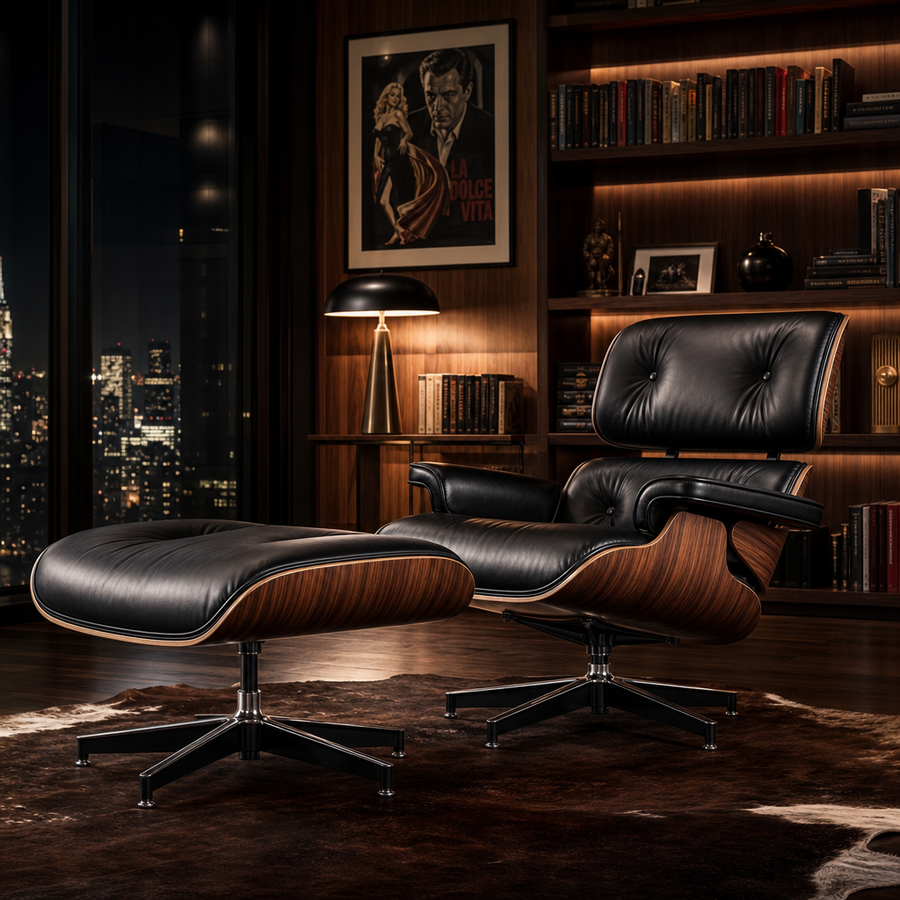 Ellington Collection | Cantilevered Leather-Wrapped Walnut Lounge Chair & Ottoman - showcasing full sculptural form and curated finish in a Mid-Century Modern living room setting.