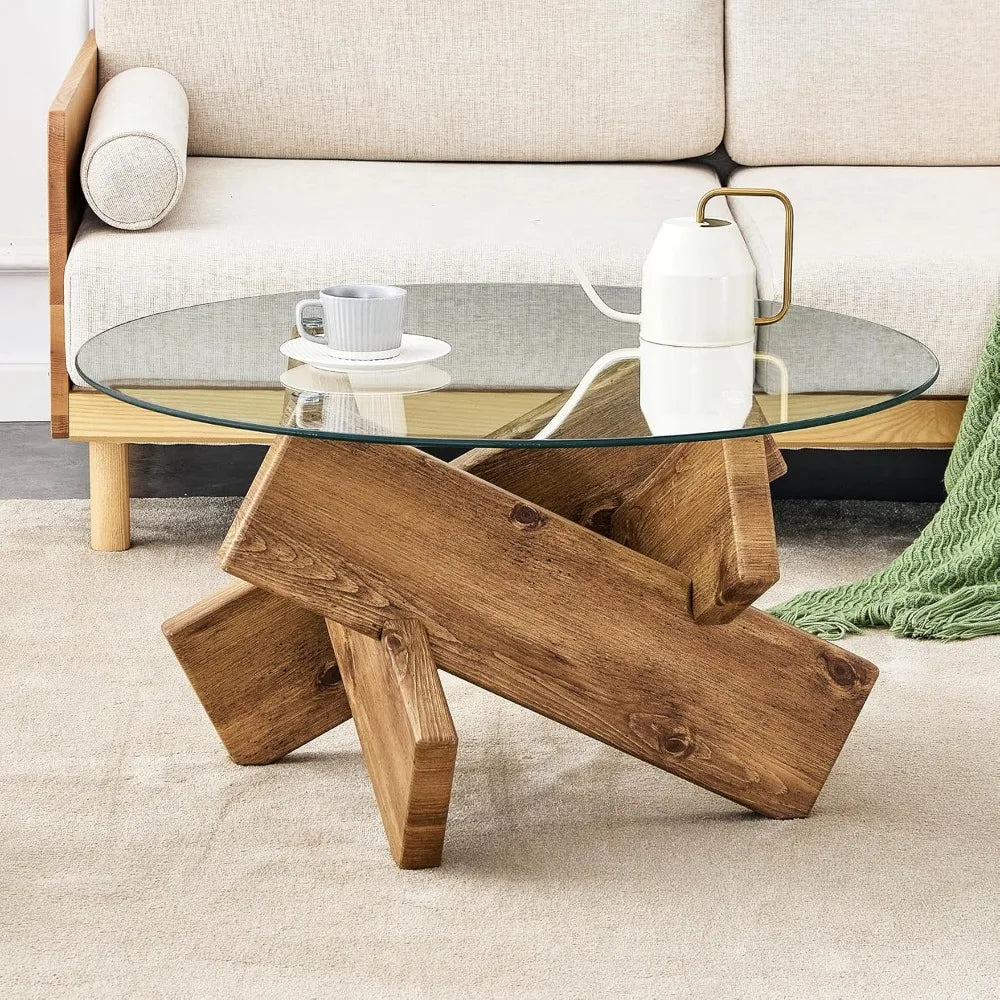 Fontaine Collection | Floating Glass-Top Tempered Glass Coffee Table - featuring close-up joinery and artisanal finish quality in a Mid-Century Modern living room setting.