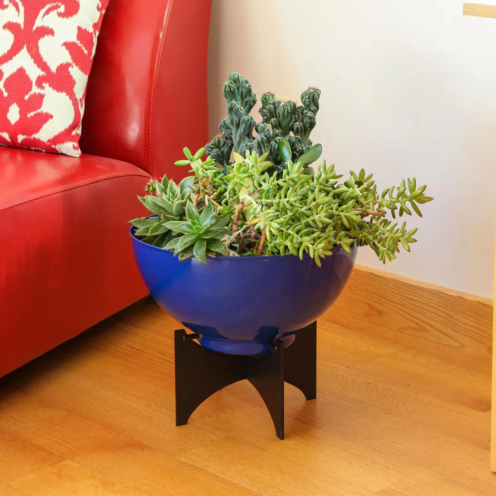 16In.W X 13.75In.H, round French Blue Galvanized Steel Planter Bowl W/Black Wrought Iron Plant Stand, Indoor Outdoor Use