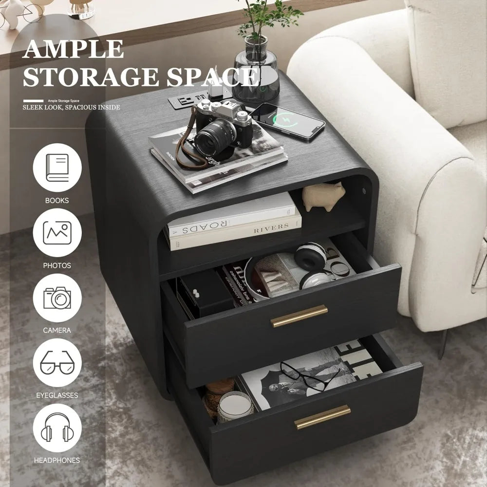 Meridian Collection | Tapered-Leg Walnut Charging Nightstand - presented at scale within a designed interior in a Mid-Century Modern bedroom setting.