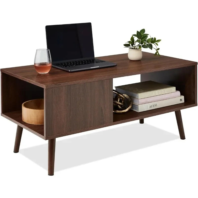 Dresden Collection | Hairpin-Legged Steel-Framed Walnut Coffee Table - featuring close-up joinery and artisanal finish quality in a Mid-Century Modern living room setting.