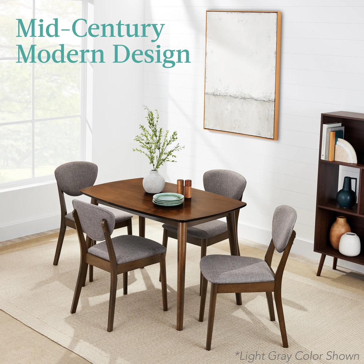 5-Piece Compact Wooden Mid-Century Modern Dining Set W/ 4 Chairs, Padded Seat & Back - Walnut/Cream